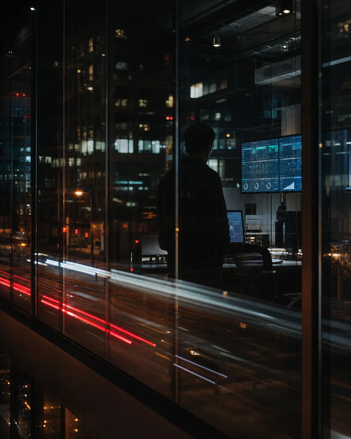 Anonymous engineer seen through reflective glass in an operations workspace at night