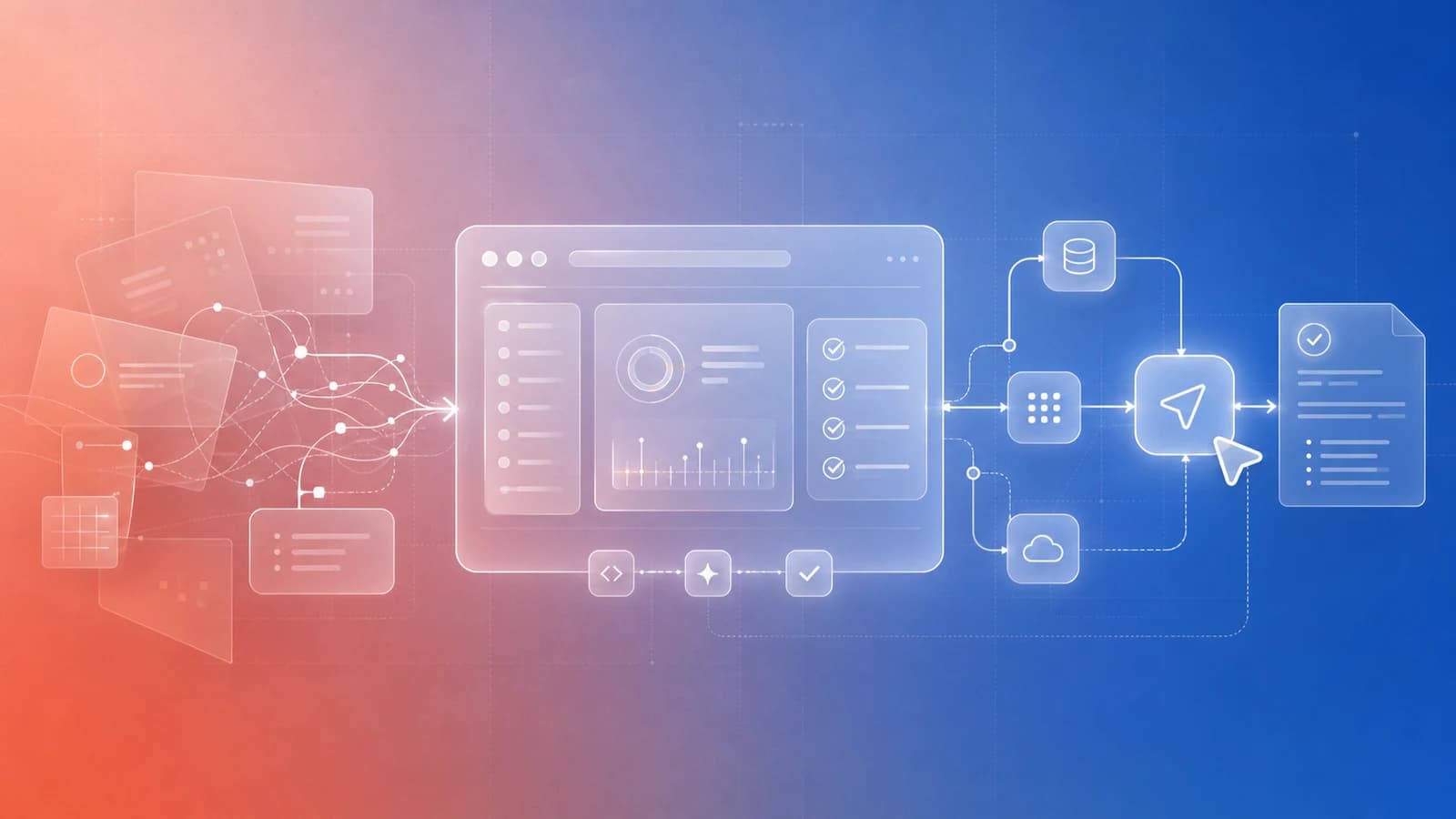 Abstract deployment illustration with layered interface shapes and gradient light